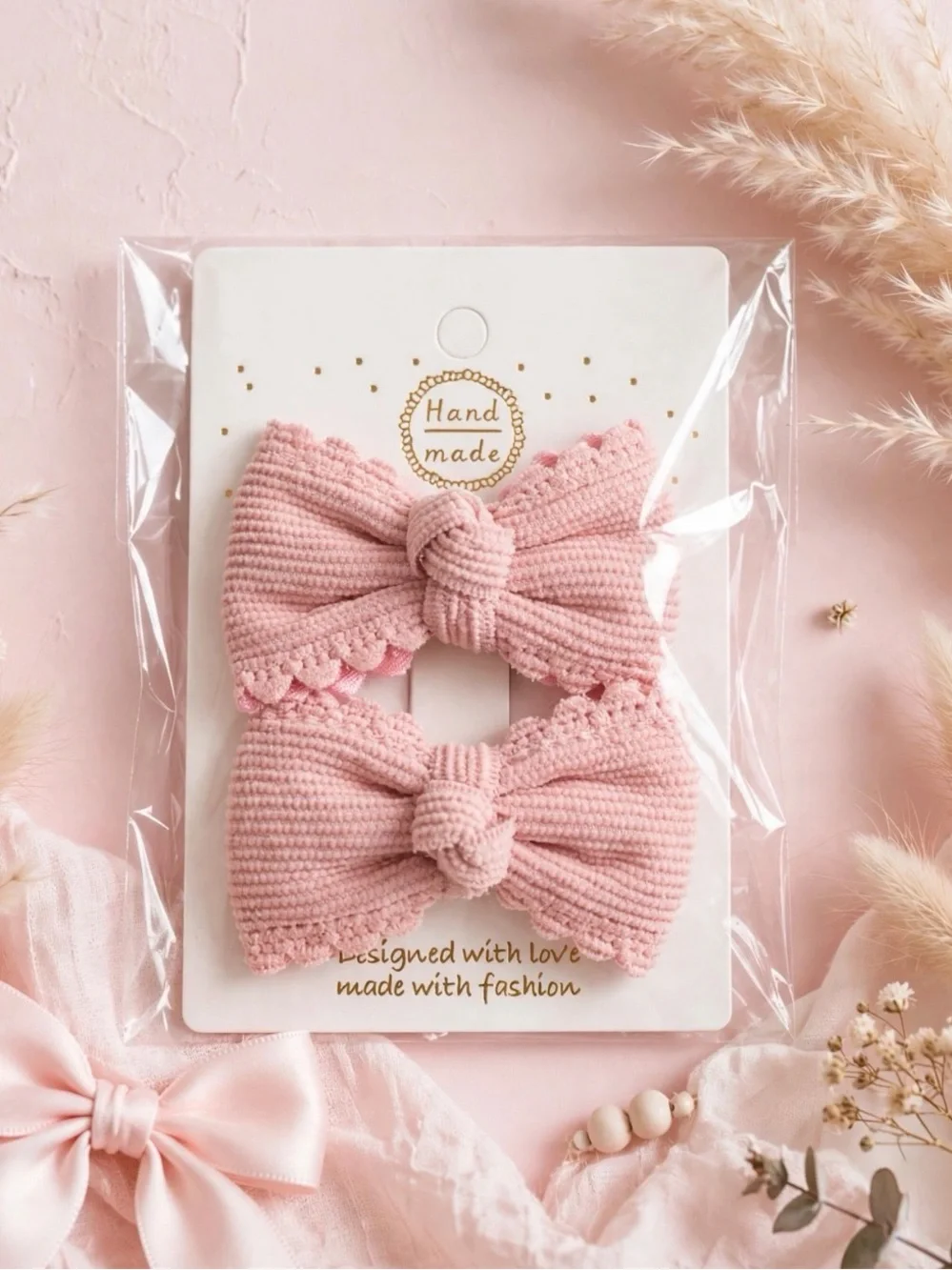 Set of 3 Bow Hair Clips — Pink & Cream